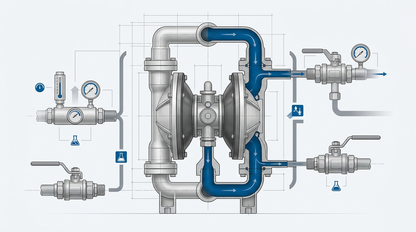 Schéma technique du fonctionnement d'une pompe à membrane pneumatique AODD