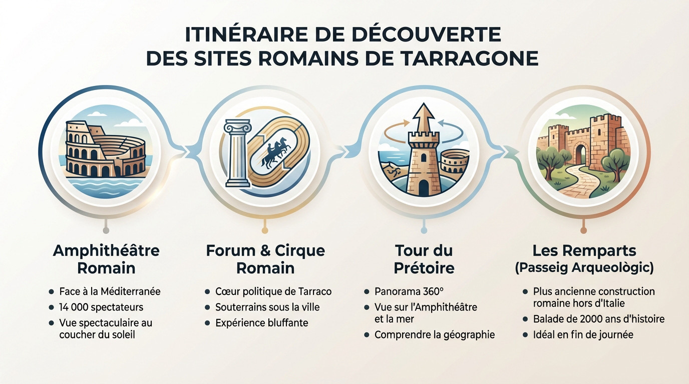 Carte illustrée de l'itinéraire de découverte des sites romains majeurs à visiter à Tarragone