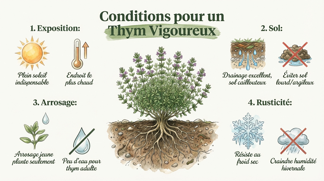 Plantation de thym en plein soleil dans un jardin méditerranéen
