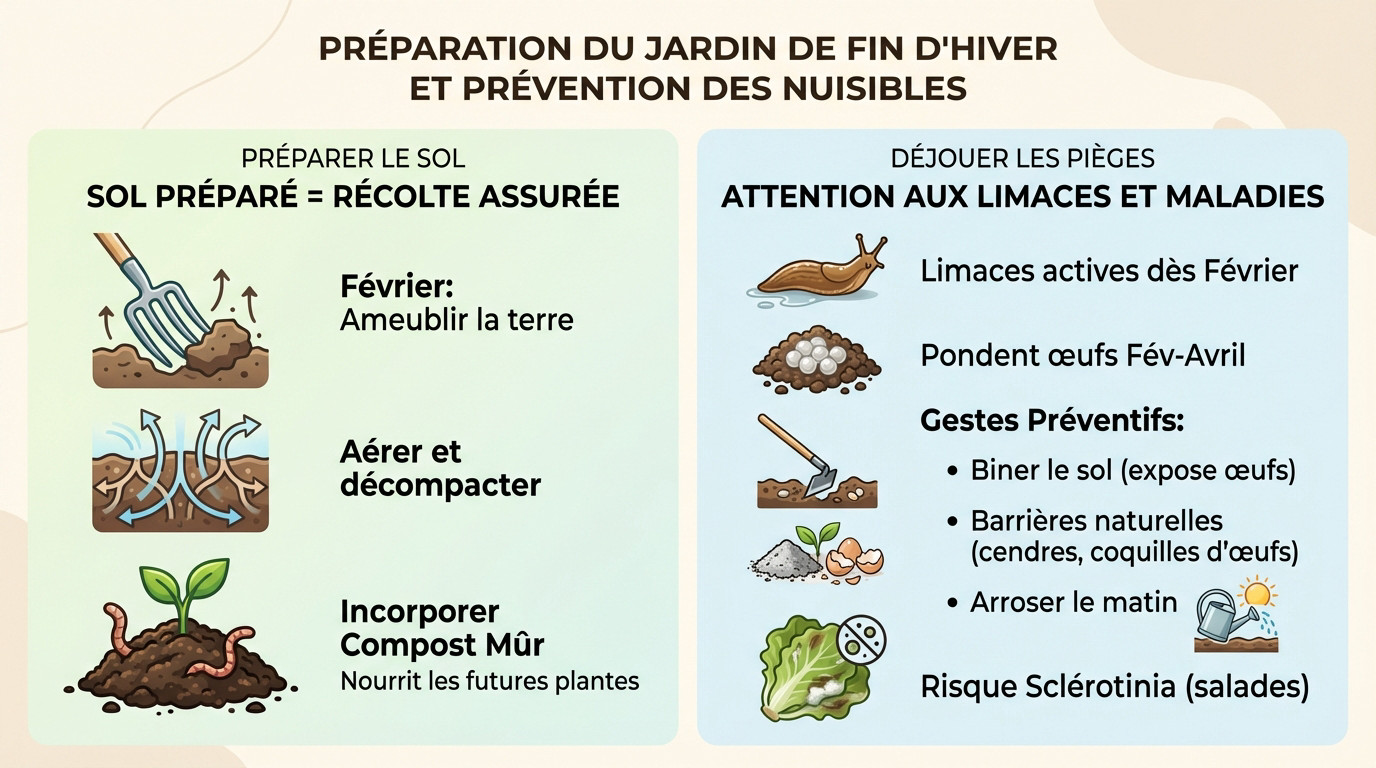 Jardinier utilisant une grelinette pour préparer le sol du potager en fin d'hiver
