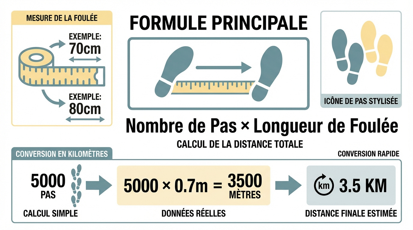 Illustration d'une personne mesurant sa foulée pour convertir ses pas en kilomètres