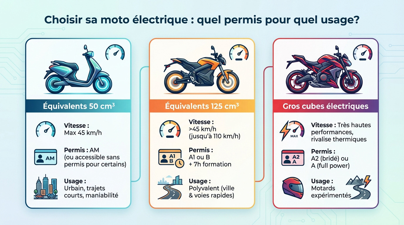 Illustration des différents permis nécessaires pour conduire une moto électrique selon la puissance