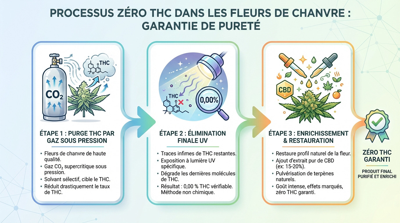 Schéma explicatif du processus d'extraction CO2 et traitement UV pour obtenir une fleur CBD 0% THC