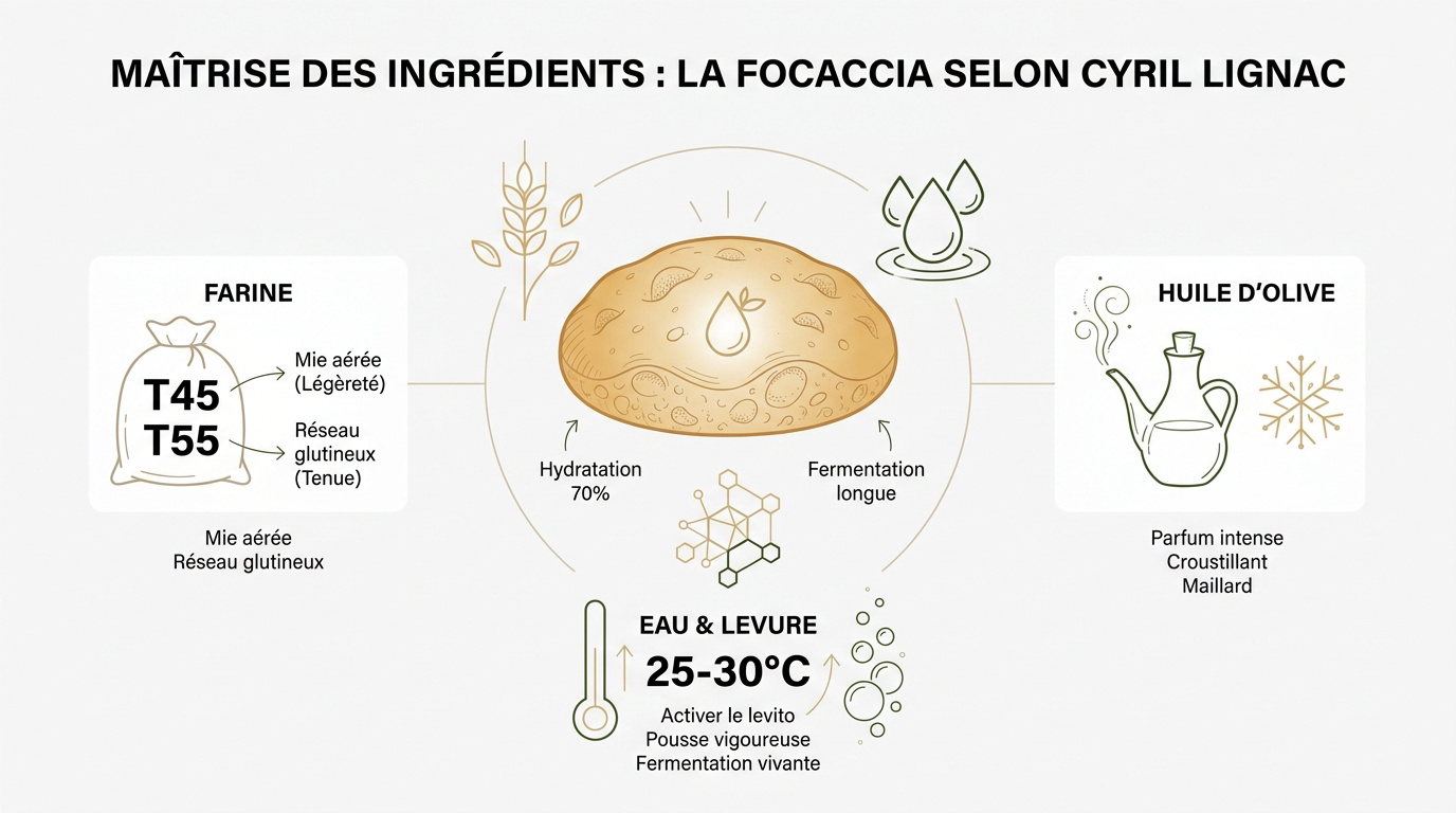 Ingrédients de qualité pour une focaccia italienne authentique avec huile d'olive et romarin