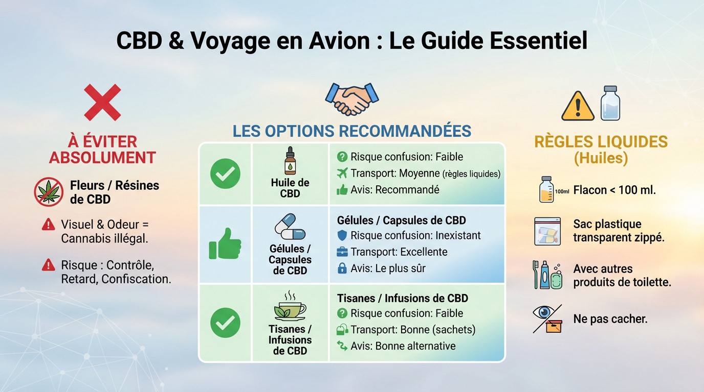 Voyageur vérifiant son flacon de CBD avant de prendre l'avion