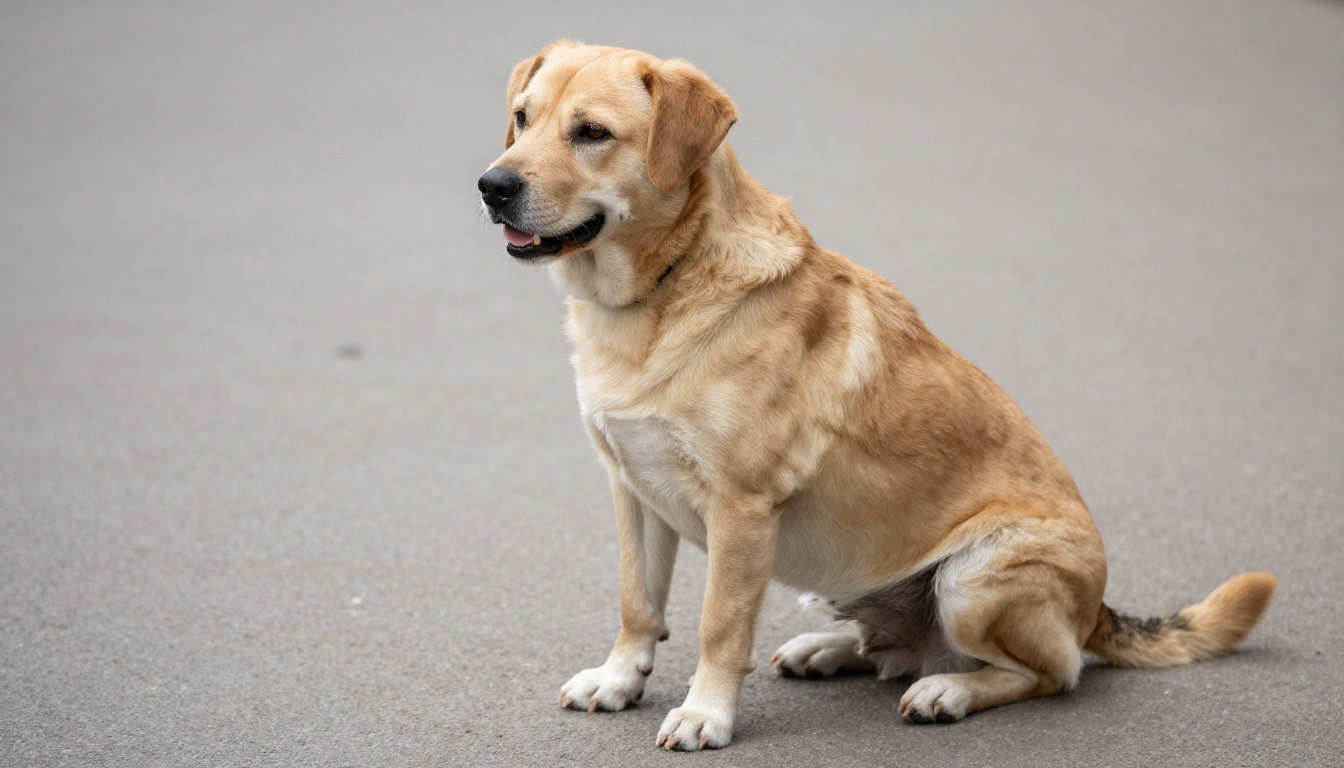 Chien fauve assis sur un sol gris