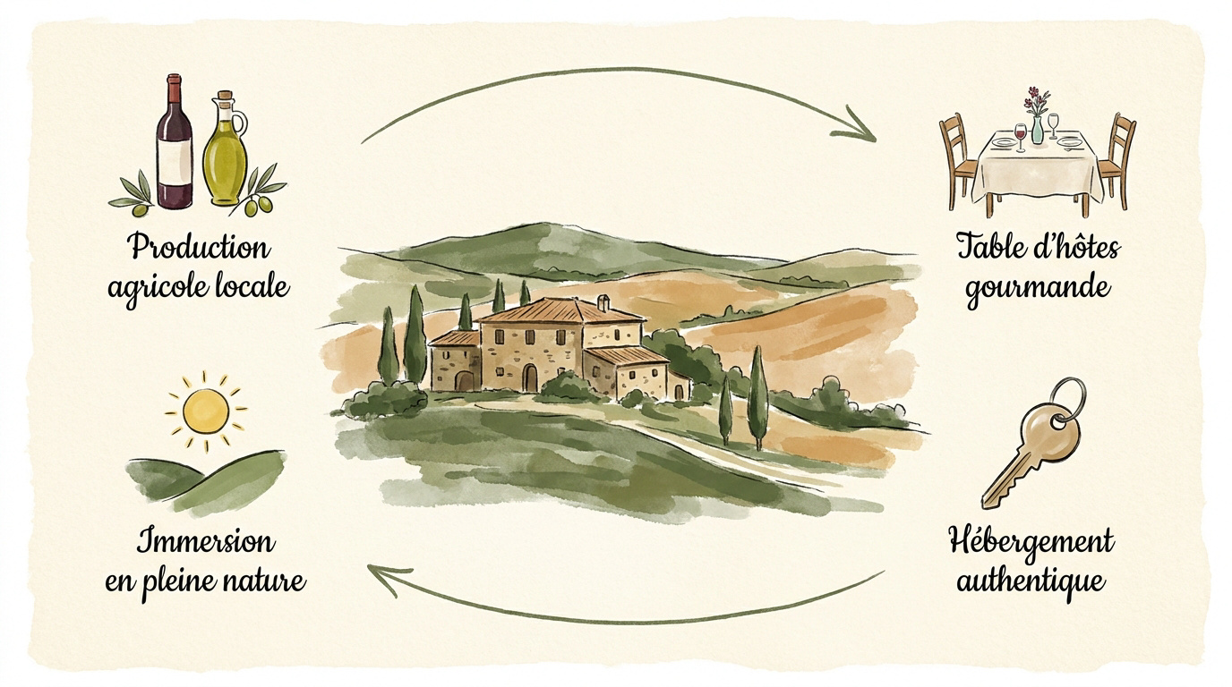 Vue panoramique d'un agriturismo traditionnel en Maremme toscane avec oliveraies