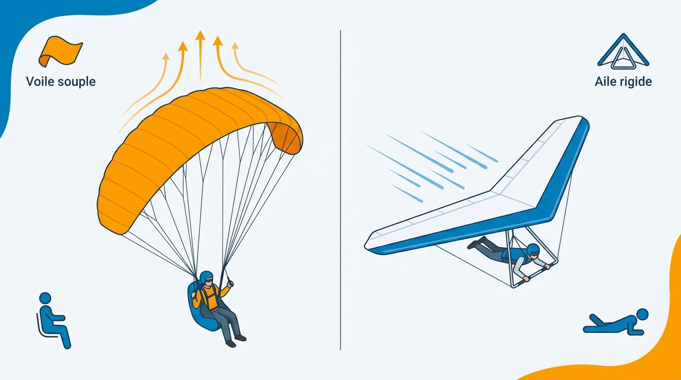 Comparaison entre un parapente à voile souple et un deltaplane à structure rigide