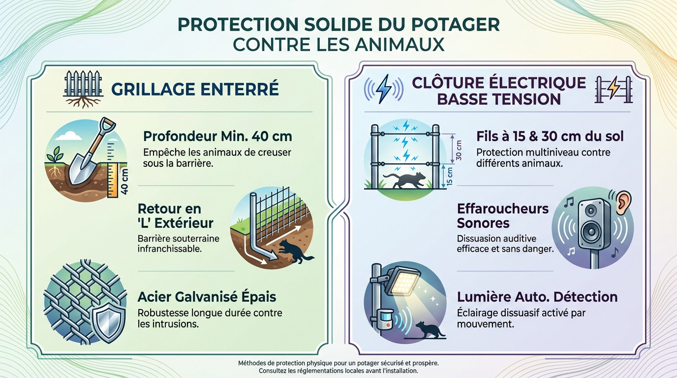 Installation d'un grillage solide pour protéger le potager des blaireaux