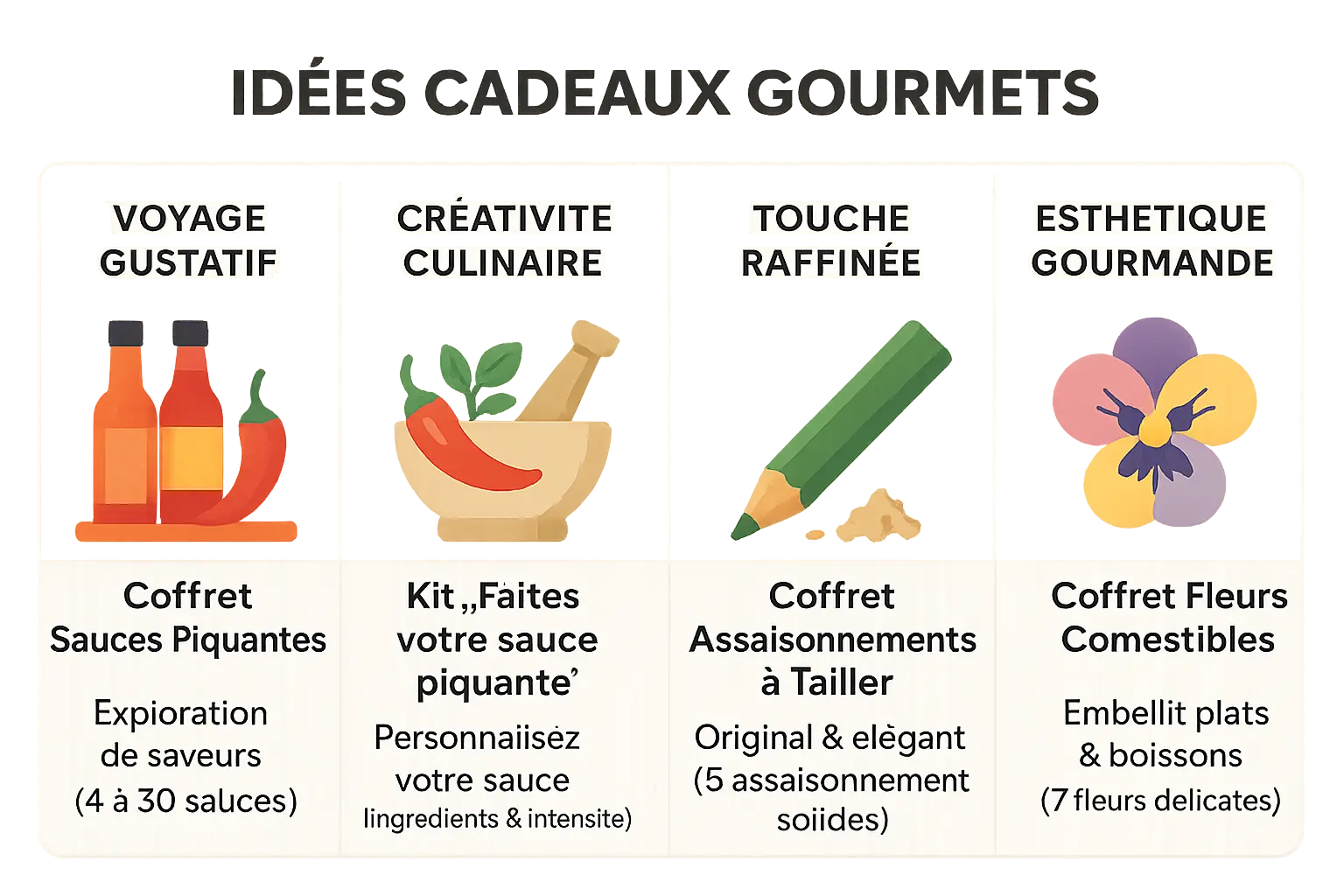 Coffrets de sauces piquantes, assaisonnements à tailler et fleurs comestibles