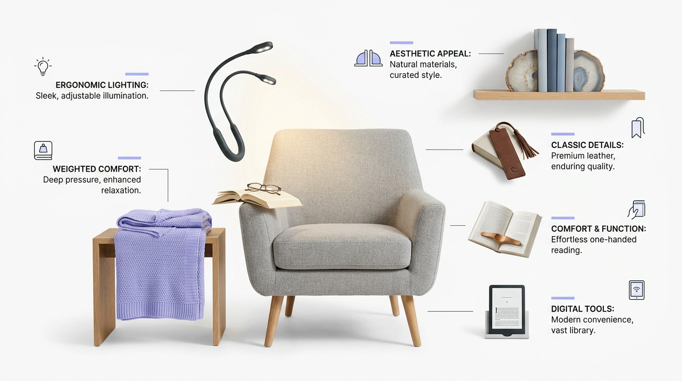Infographic showing essential ergonomic reading accessories for a cozy book nook setup
