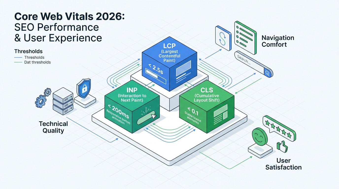 Graphique illustrant les Core Web Vitals LCP INP et CLS pour le SEO en 2026