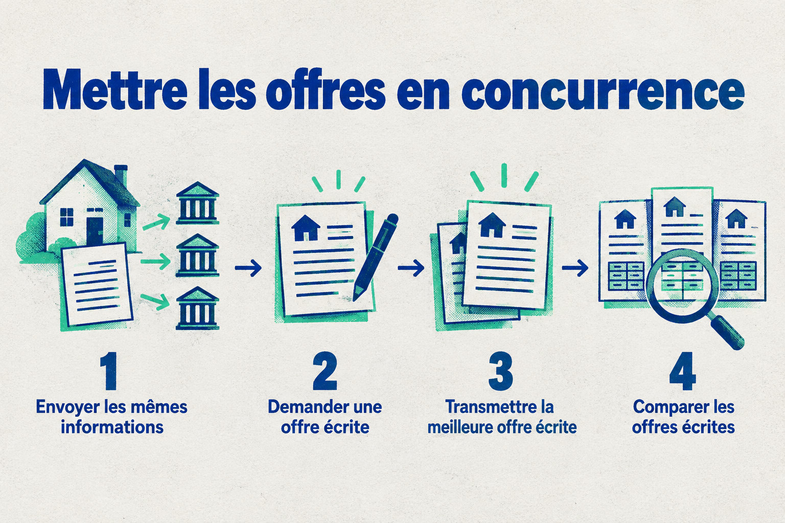 Le schéma présente quatre étapes : transmettre les mêmes informations, demander une offre écrite, soumettre la meilleure offre reçue, puis comparer les offres écrites.