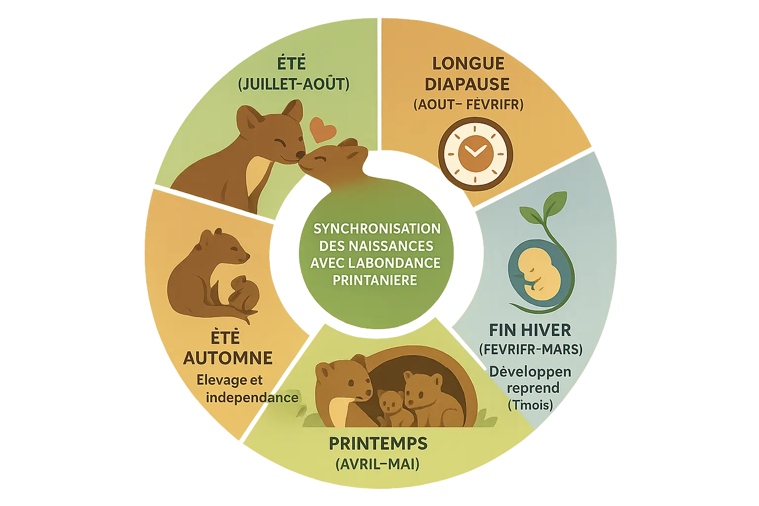 Représentation schématique du cycle de reproduction de la martre avec la diapause embryonnaire