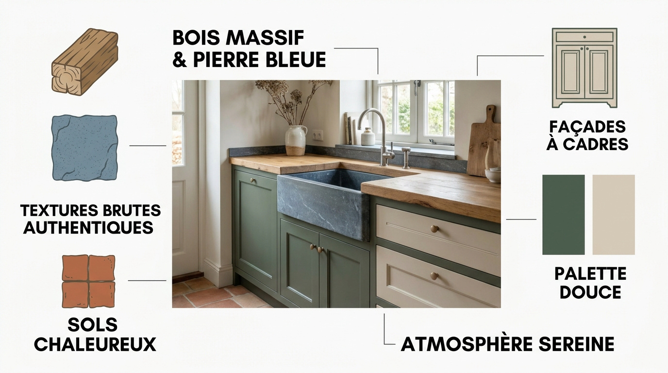 Cuisine campagne chic avec bois et pierre
