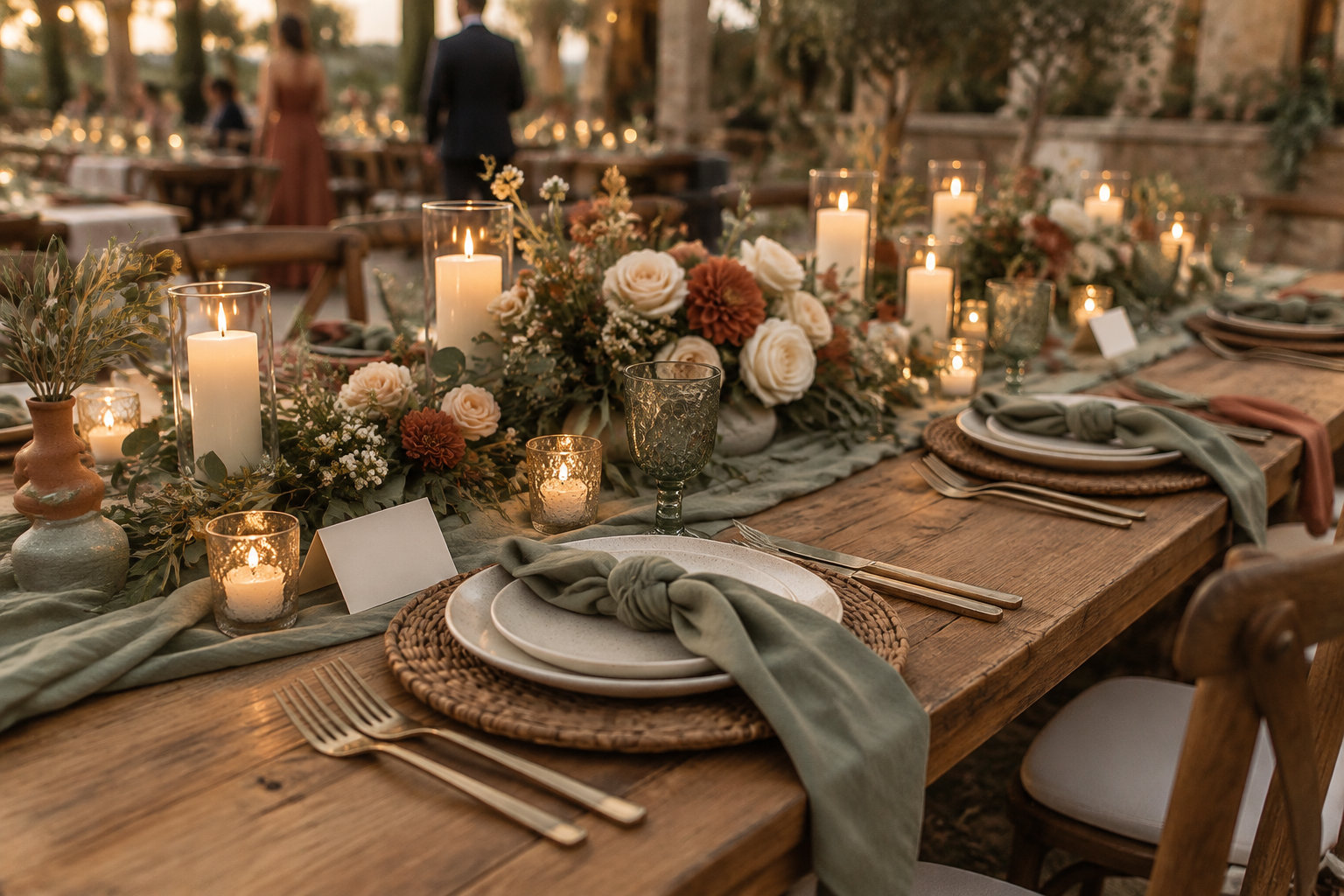 Une longue table en bois est dressée avec des assiettes, des couverts, des serviettes vertes, des bouquets de fleurs et des bougies allumées.