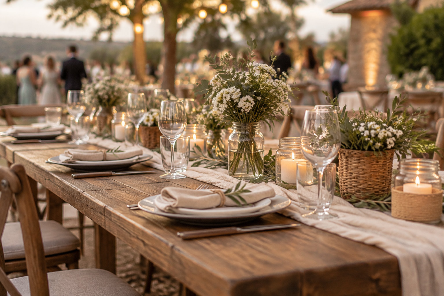Une longue table en bois dressée en plein air avec des assiettes, des verres, des bouquets de fleurs blanches et des bougies allumées, tandis que des invités se tiennent à l’arrière-plan.