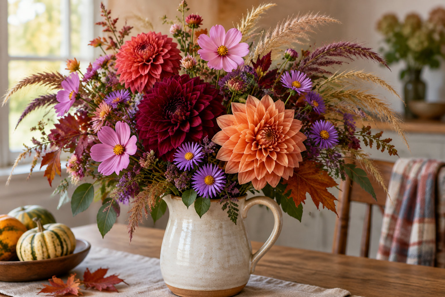 Un bouquet de fleurs colorées et de feuillages d’automne est disposé dans un pichet en céramique sur une table en bois, près de petites courges.