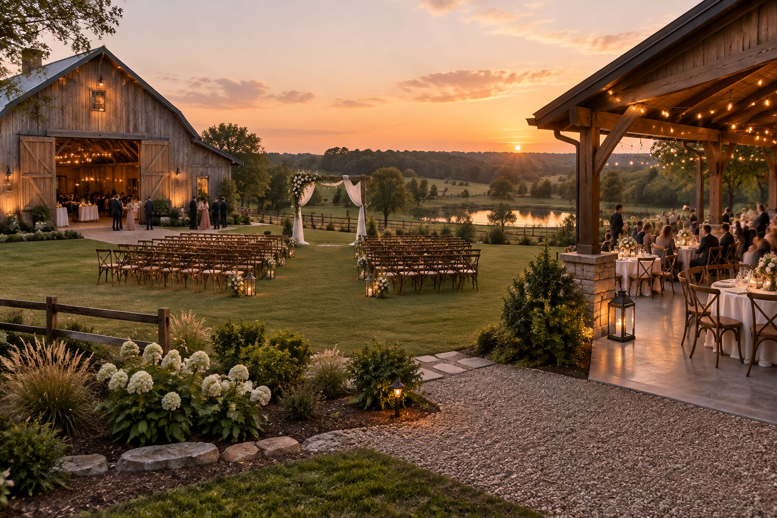 Une réception de mariage en plein air se déroule au coucher du soleil, avec un barn décoré de guirlandes, des rangées de chaises et des invités attablés sous une terrasse couverte.