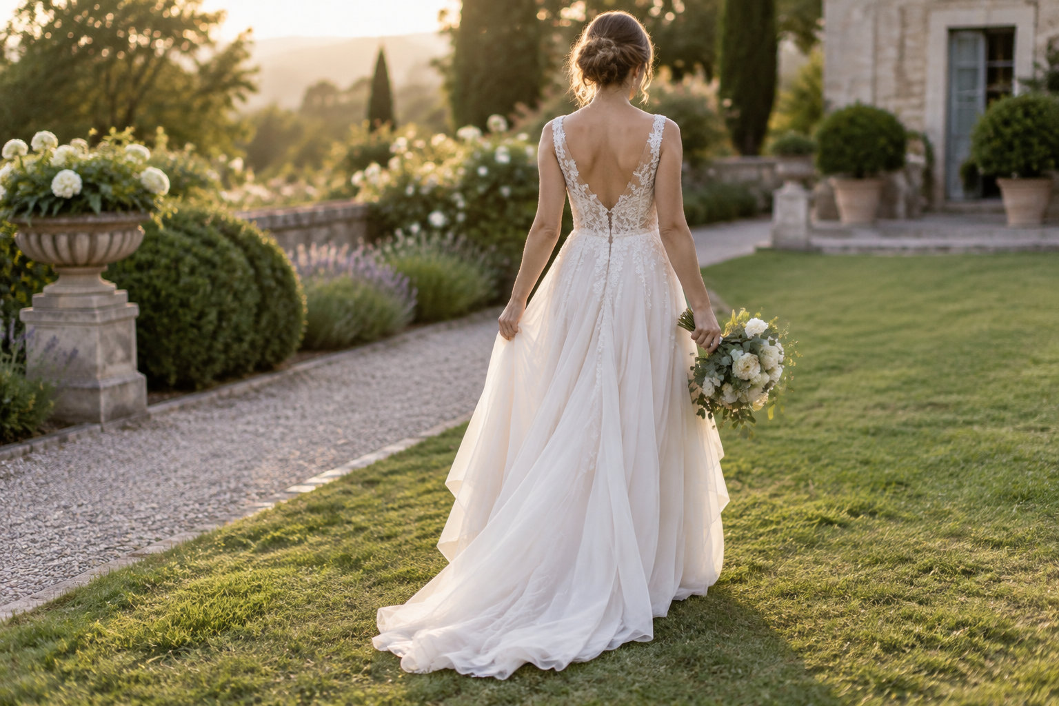 Une femme en robe de mariée tient un bouquet et marche dans un jardin au soleil couchant.