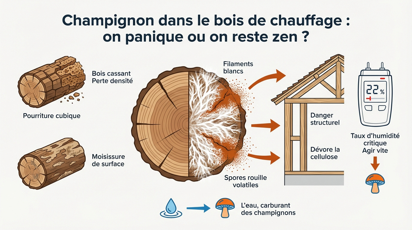 Bûches de bois de chauffage présentant des traces de champignons