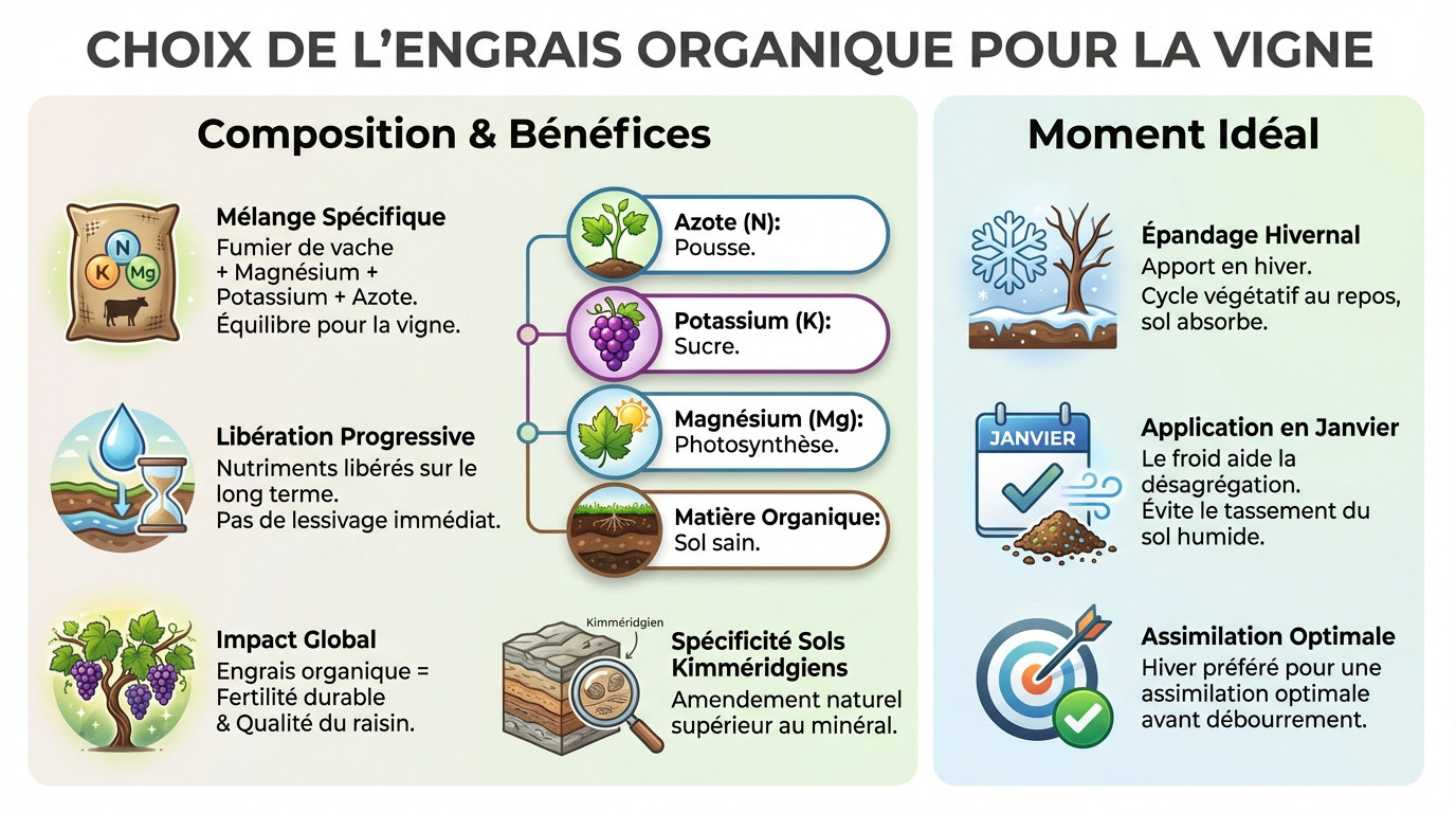 Épandage d'engrais organique dans les vignes de Chablis avec un tracteur