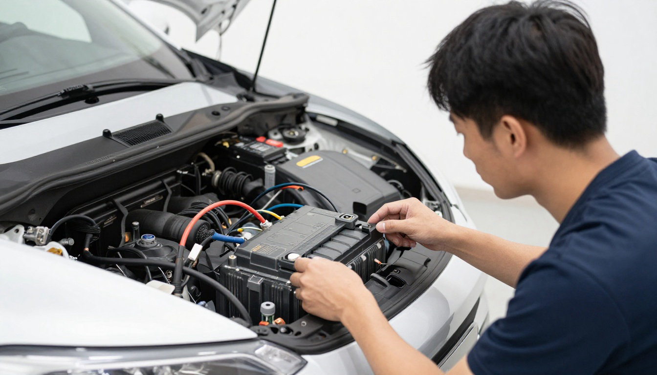 Technicien vérifiant batterie voiture hybride
