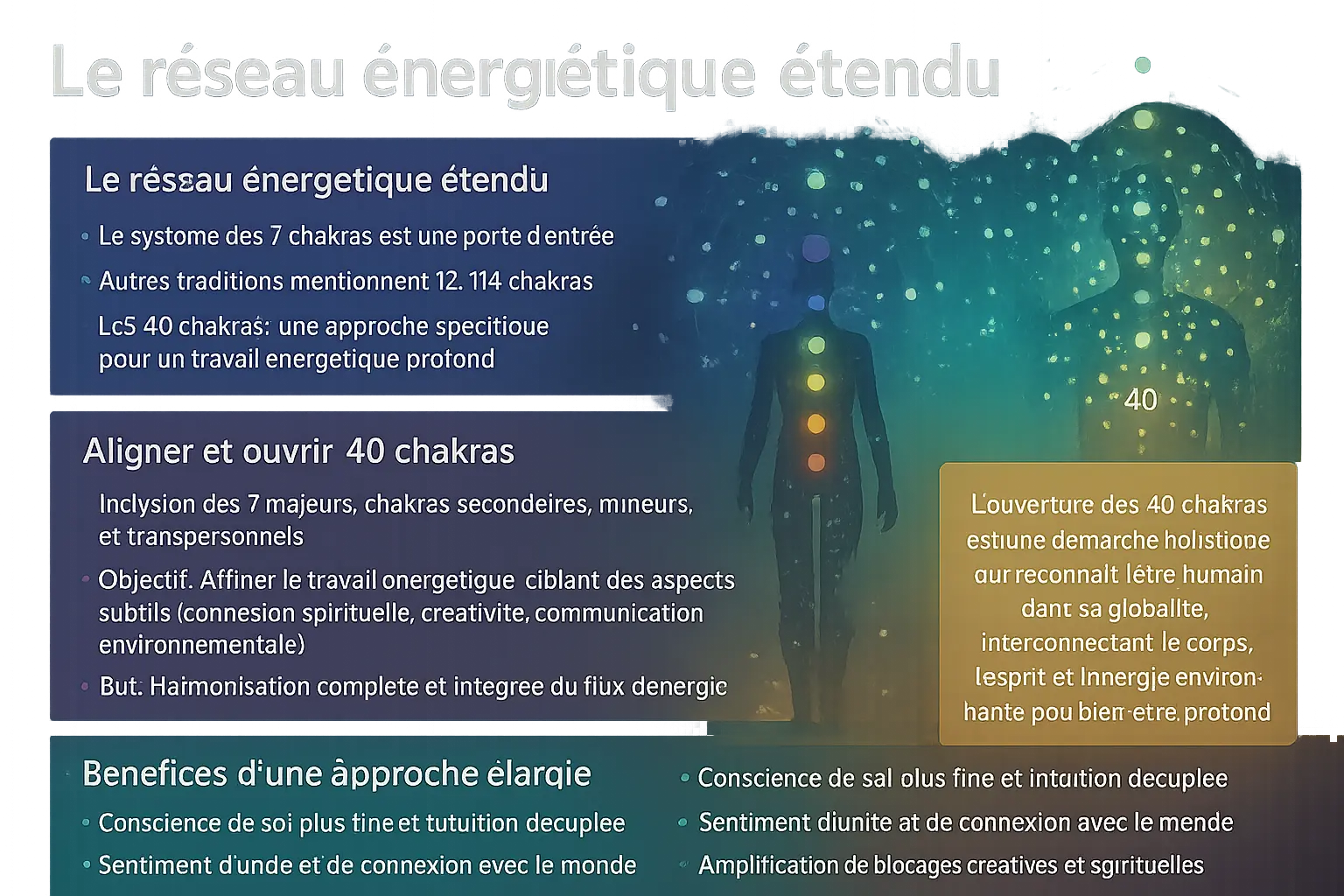 <strong>Illustration du réseau des 40 chakras</strong>« ></p>
<h2 id=