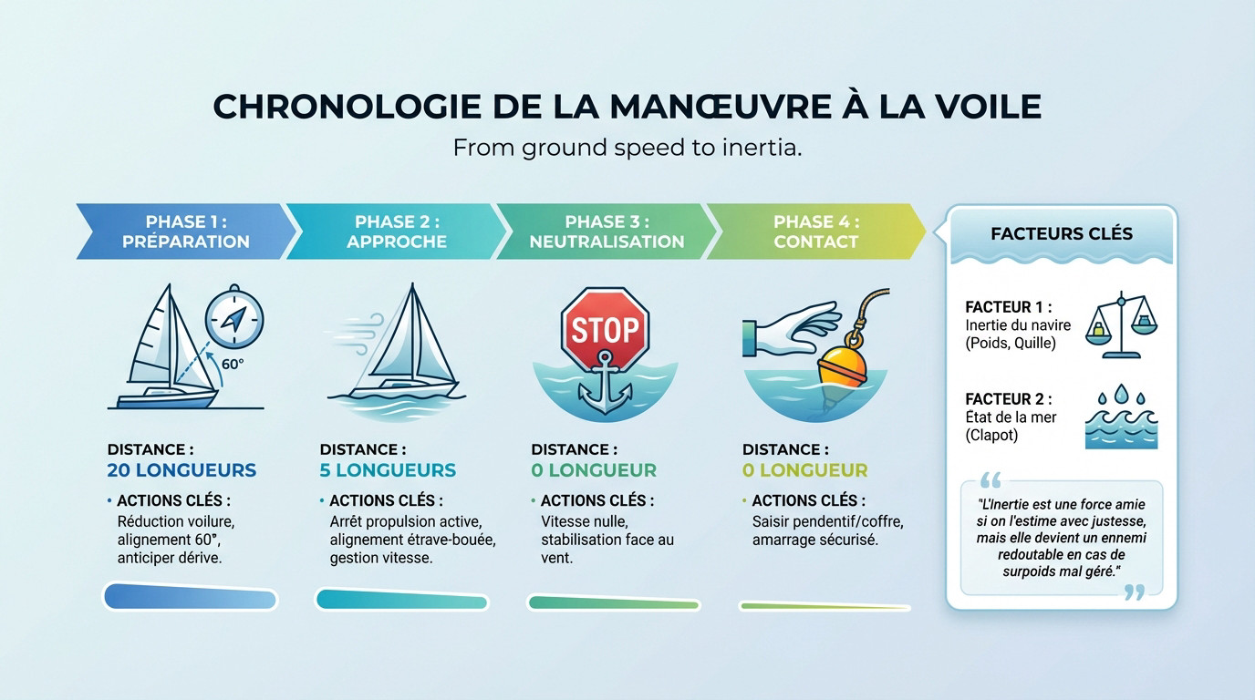 Schéma chronologique d'une manœuvre d'amarrage à la voile étape par étape