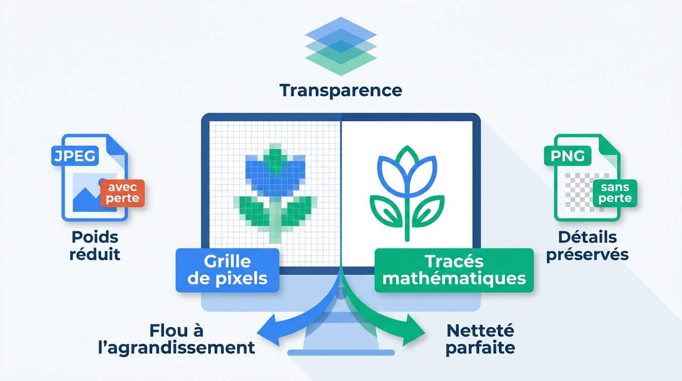 Comparaison visuelle entre les structures matricielles composées de pixels et les structures vectorielles basées sur des tracés géométriques.