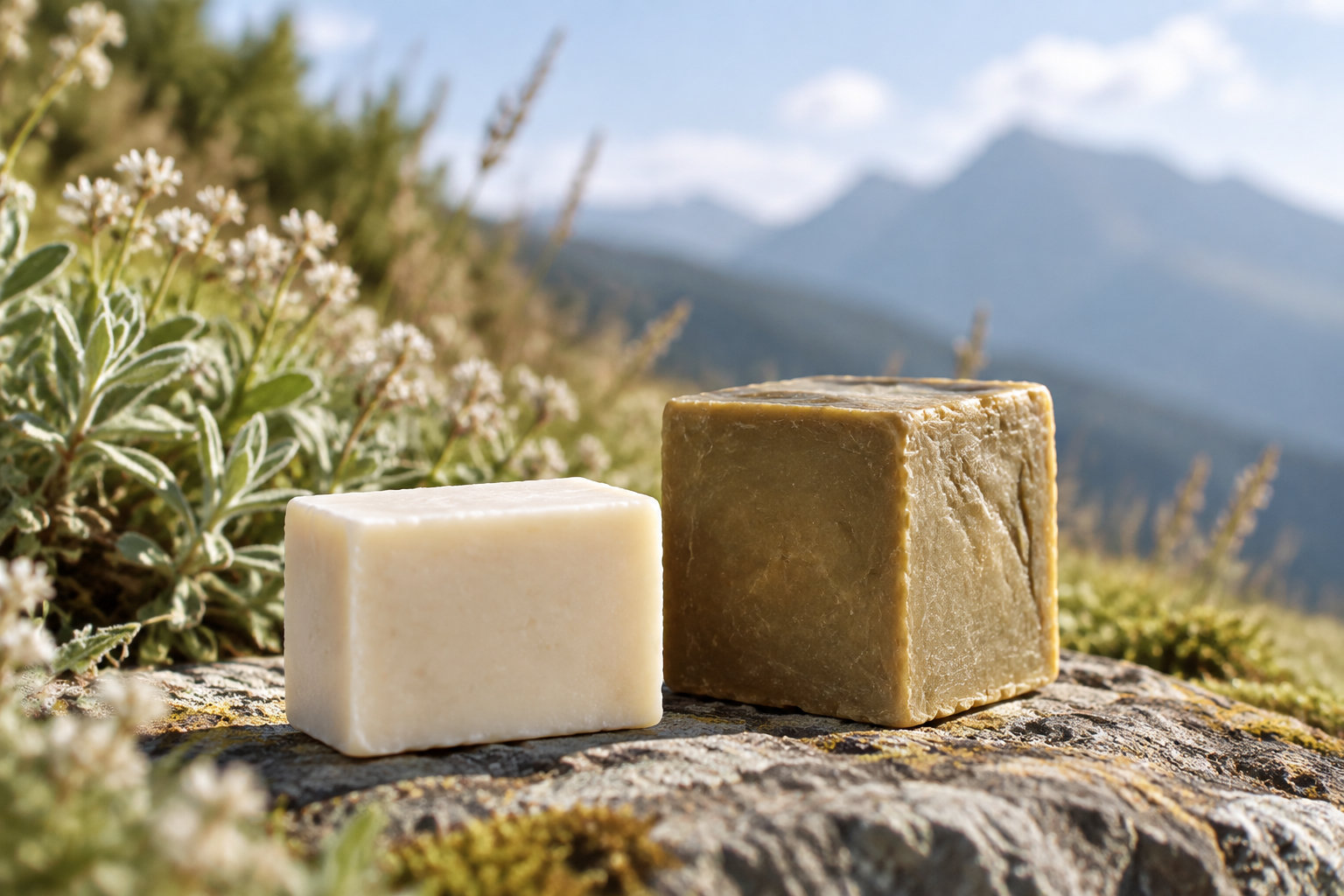 Un savon au lait de chèvre frais Bio de 100 g est présenté à côté d’un savon d’Alep.
