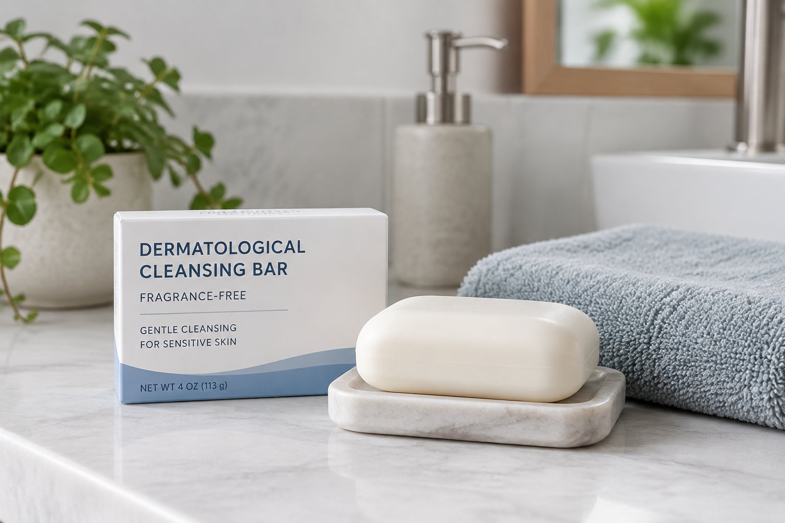 Un pain dermatologique sans savon est posé près d’une serviette dans une salle de bains.