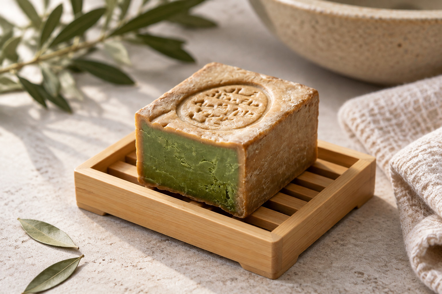 Un savon d’Alep repose sur un porte-savon ajouré, à l’écart de l’eau stagnante.