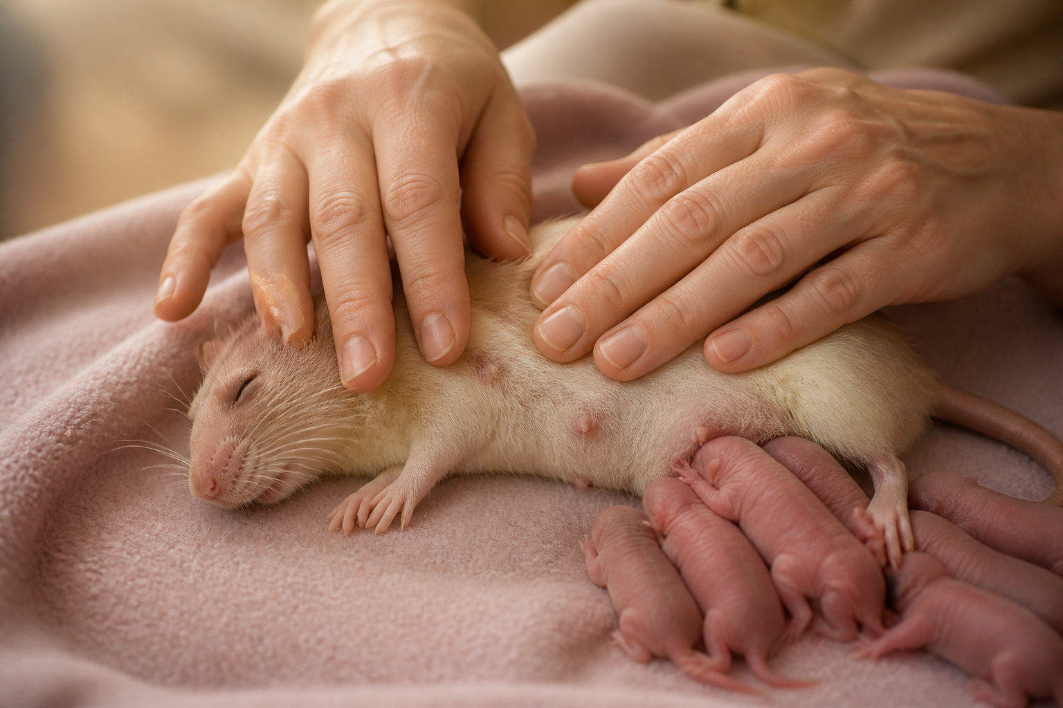Massage post-partum d'une rate avec ses nouveau-nés