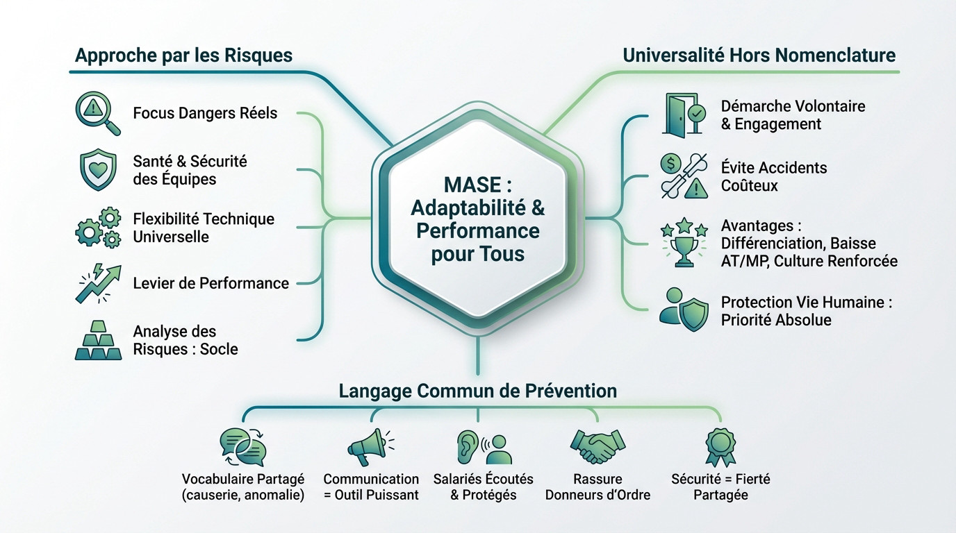 Infographie illustrant l'adaptabilité du référentiel MASE à tous les secteurs d'activité et ses performances