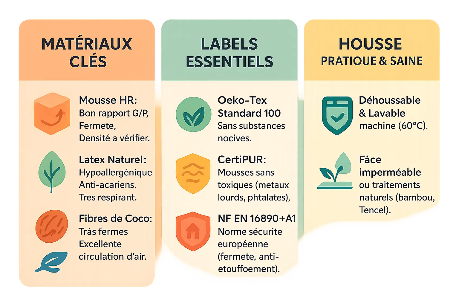 Illustration des matériaux et certifications pour matelas bébé