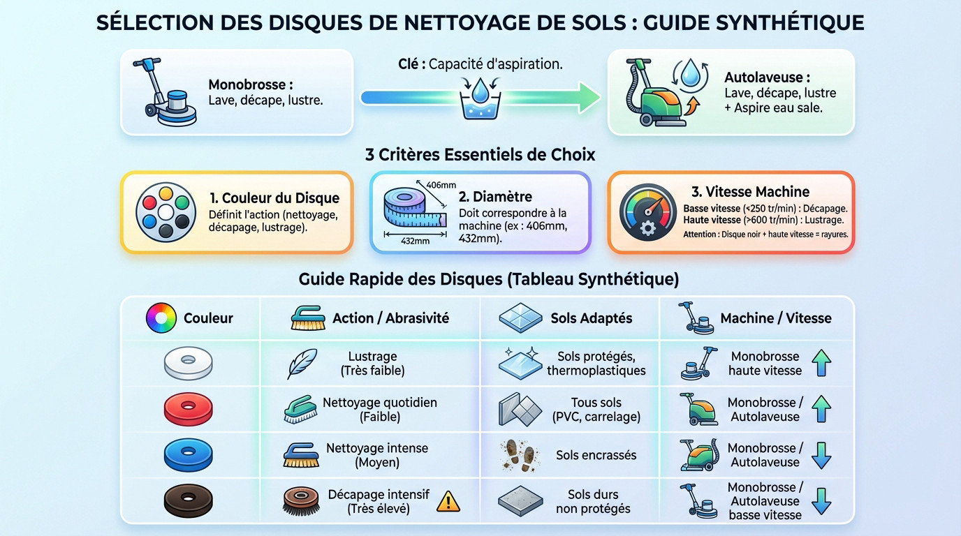 Guide visuel synthétique pour la sélection des disques de nettoyage de sols selon la couleur et l'usage