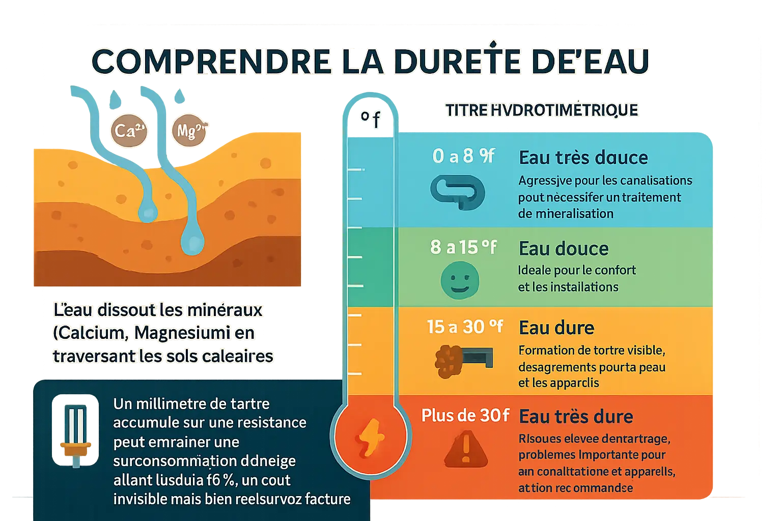 Illustration d'un robinet entartré et d'une bandelette de test de dureté de l'eau