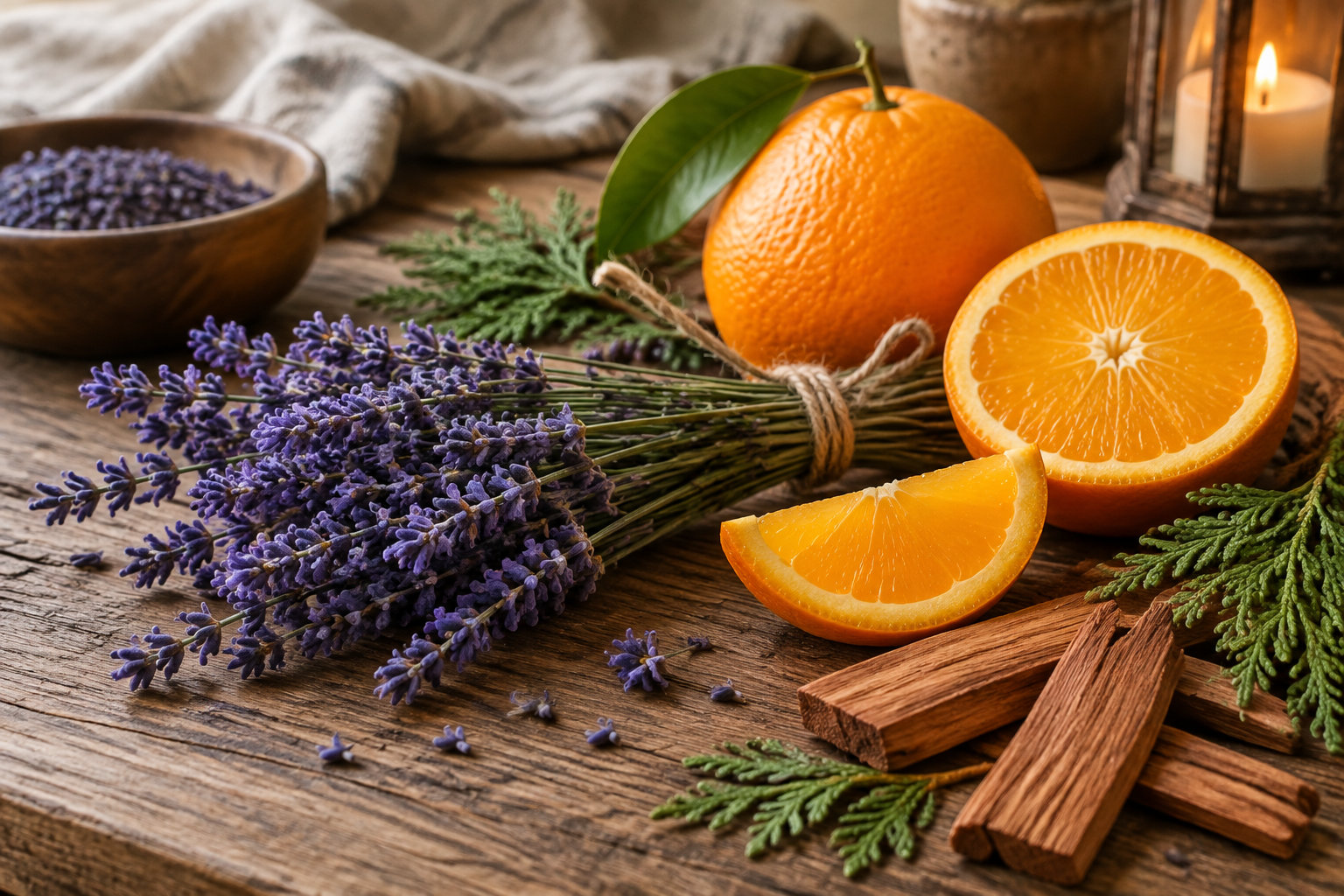 Une orange entière et deux morceaux d’orange sont disposés avec un bouquet de lavande, des bâtons de cannelle et des branches de conifère sur une table en bois, près d’une bougie allumée.