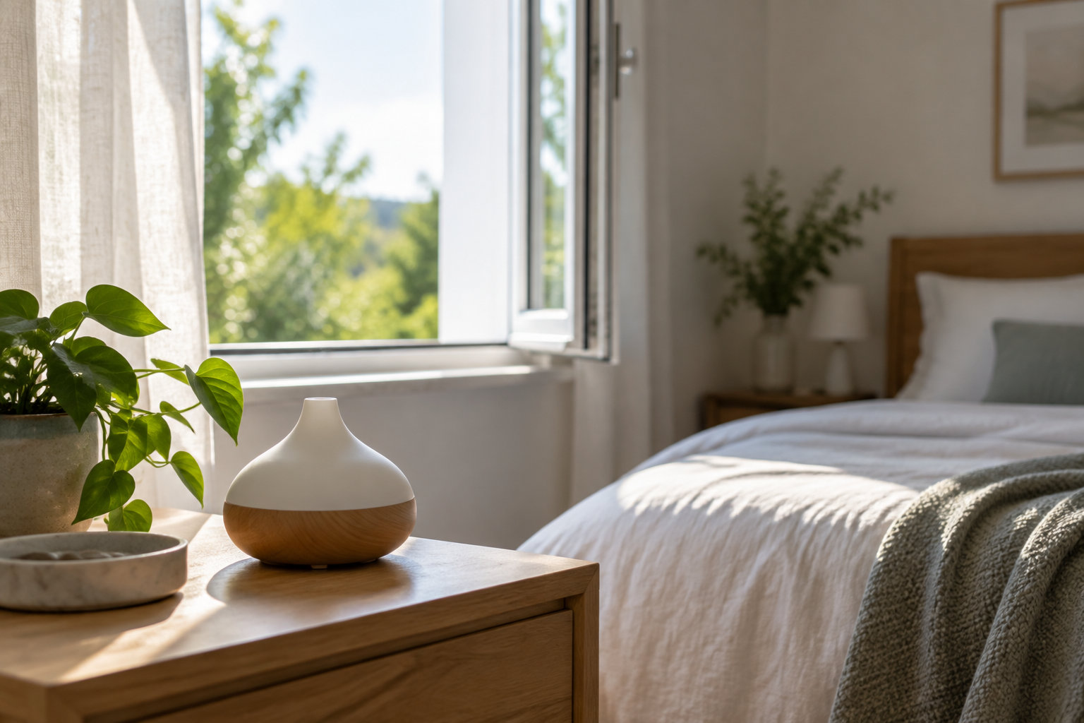 Une chambre lumineuse avec un lit aux draps blancs, une fenêtre ouverte et une commode en bois portant un diffuseur et une plante en pot.