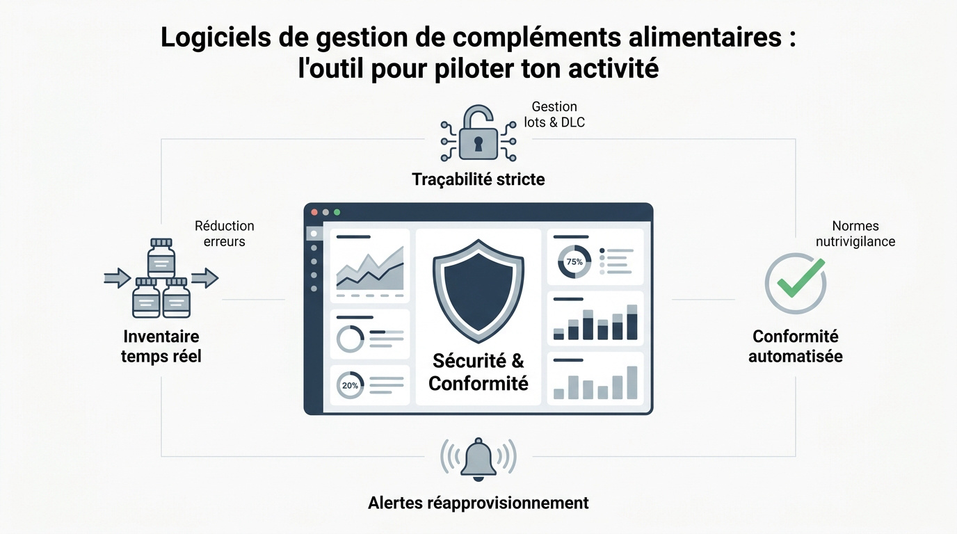 Interface d'un logiciel de gestion pour compléments alimentaires affichant le suivi des stocks et de la traçabilité