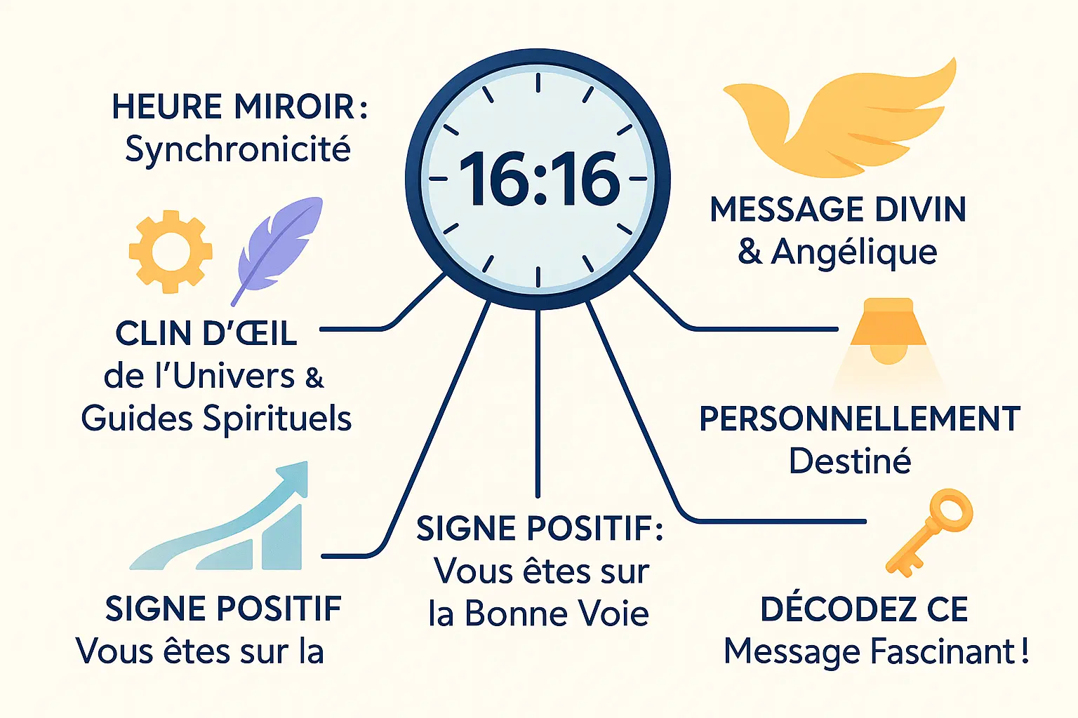 Illustration de l'heure miroir 16h16 avec des ailes d'ange et des chiffres lumineux