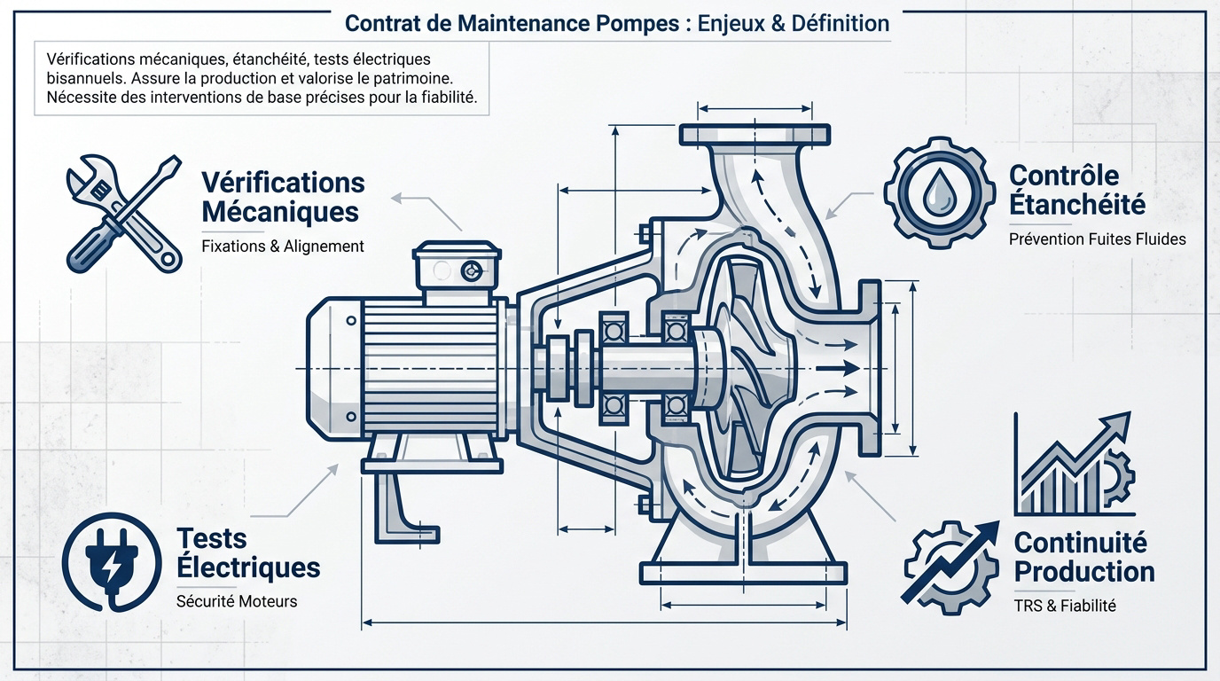 Infographie détaillant les étapes clés de la maintenance des pompes industrielles et du suivi contractuel