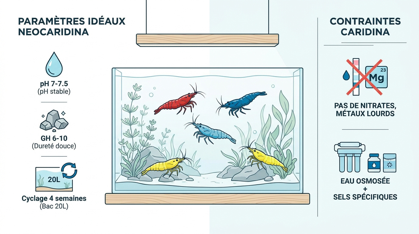 Crevettes Neocaridina colorées dans un aquarium planté