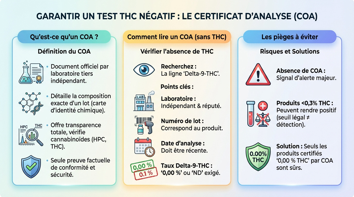 Lecture d'un certificat d'analyse COA pour vérifier un taux de THC de 0,00%