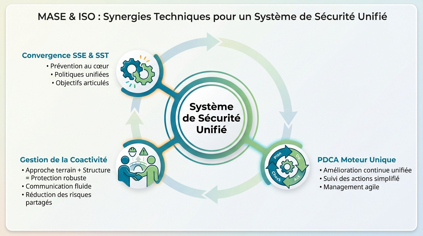 Schéma illustrant les synergies techniques entre le référentiel MASE et la norme ISO 45001 pour un système de sécurité unifié