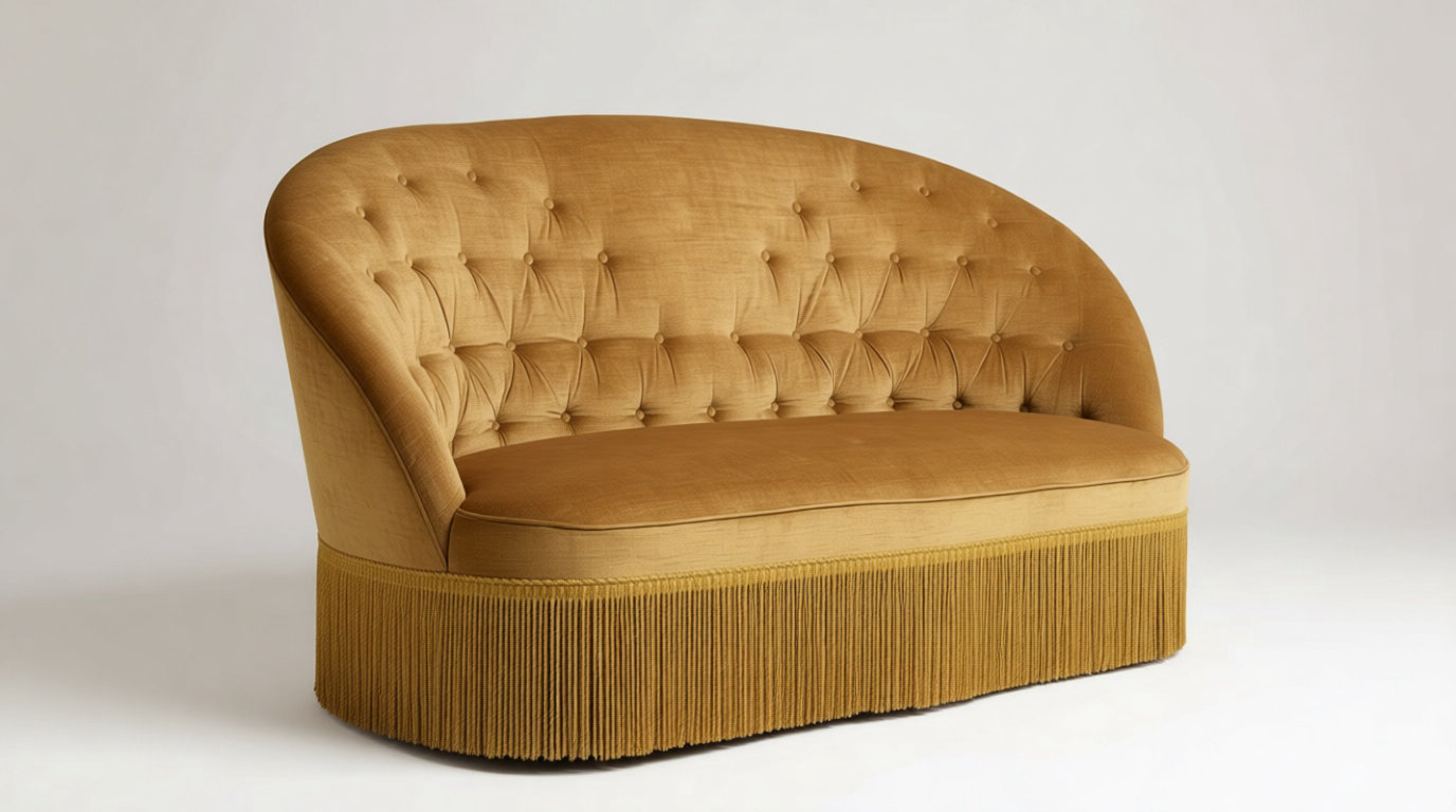 Canapé en velours moutarde capitonné style années 70 — confort et couleur seventies