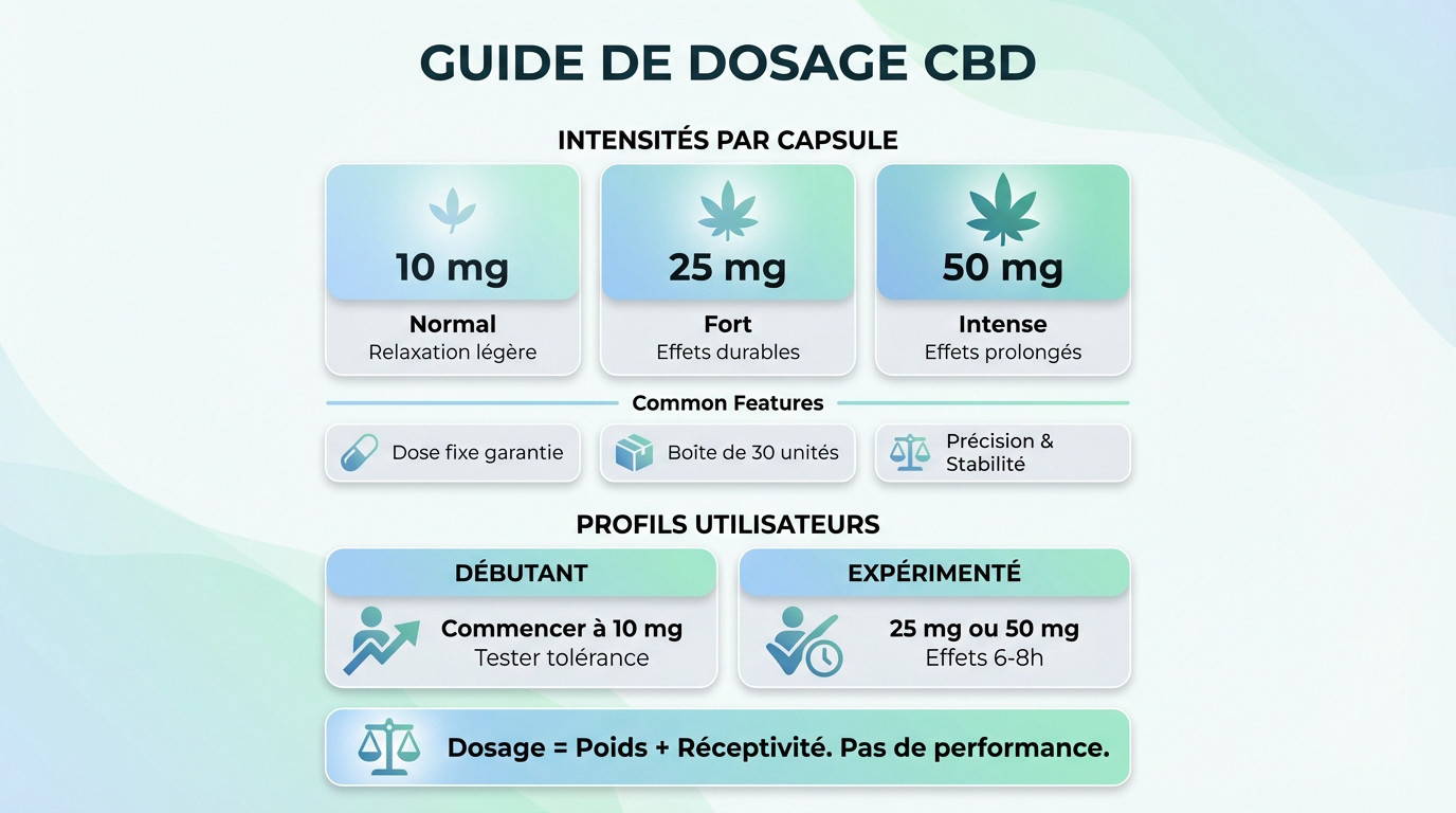 Tableau indicatif du dosage des gélules CBD selon le poids et l'intensité recherchée