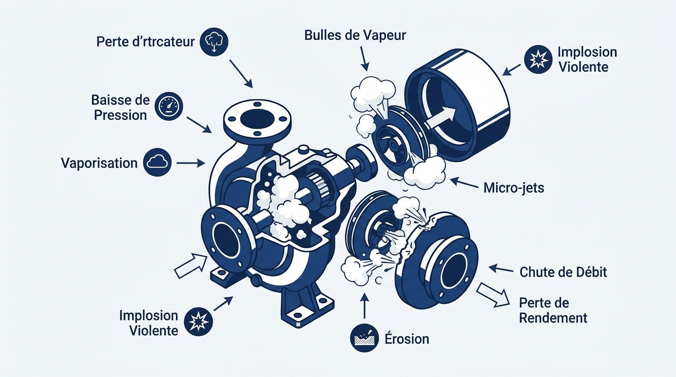 Schéma explicatif du phénomène de cavitation dans une pompe industrielle
