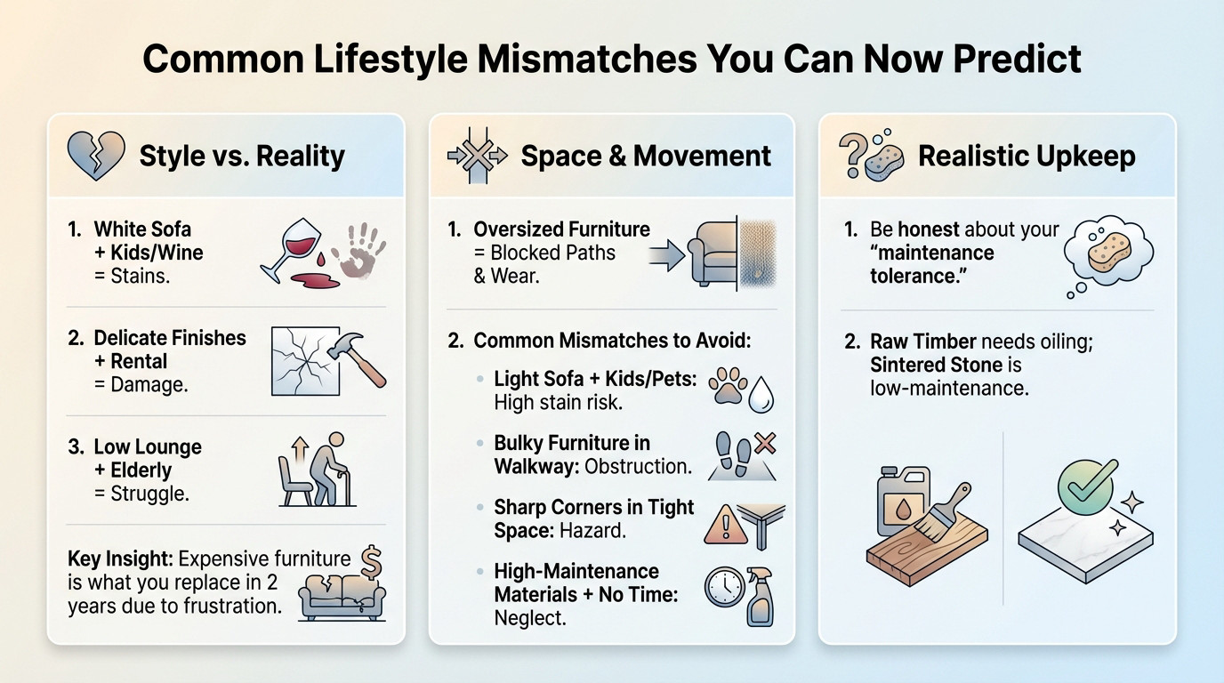 Illustration showing common furniture layout mistakes and lifestyle mismatches in a living room setting
